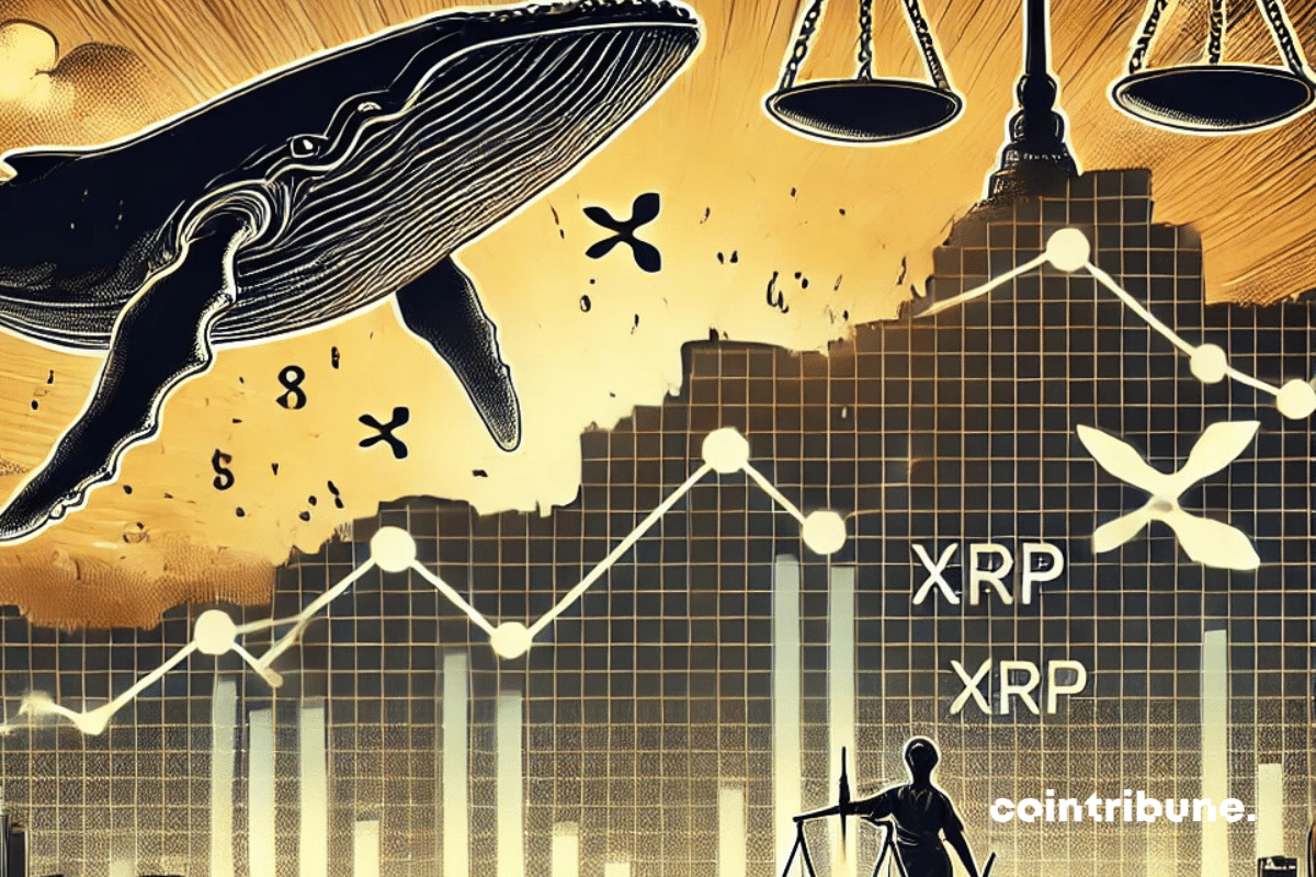 Un graphique en baisse représentant la chute du prix du XRP, avec en arrière-plan des silhouettes imposantes de "baleines" symbolisant les gros investisseurs influençant le marché. Le décor est sombre et inquiétant, avec des éléments subtils évoquant des transactions financières rapides et des chiffres en déclin. À l’arrière-plan, une balance de justice légèrement floue symbolise les incertitudes juridiques liées à la crypto Ripple, créant une atmosphère de tension et de volatilité.