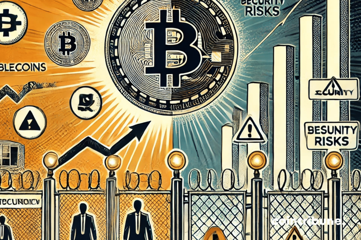 L'équilibre fragile entre l'innovation technologique et les risques financiers. Au centre, une pièce de monnaie symbolisant les stablecoins, avec d'un côté des chaînes de blocs et des graphiques financiers en croissance, représentant les avantages potentiels de cette crypto pour le système financier mondial. De l'autre côté, des barrières de sécurité et des symboles d'alerte, des silhouettes humaines mettant en avant les risques et les préoccupations en matière de régulation et de stabilité.