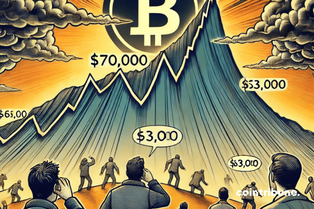 Un graphique représentant le cours du Bitcoin au sommet d'une colline escarpée, avec des traders en bas regardant vers le haut, certains effrayés, d'autres hésitants. En arrière-plan, un ciel nuageux symbolisant l'incertitude du marché. Des chiffres '70 000 $' flottent au sommet, et des chiffres '63 000 $' en bas de la colline, créant une tension visuelle. L'atmosphère générale est à la fois inquiétante et mystérieuse, reflétant l'incertitude face aux shorts sur Binance et à l'avenir du Bitcoin.