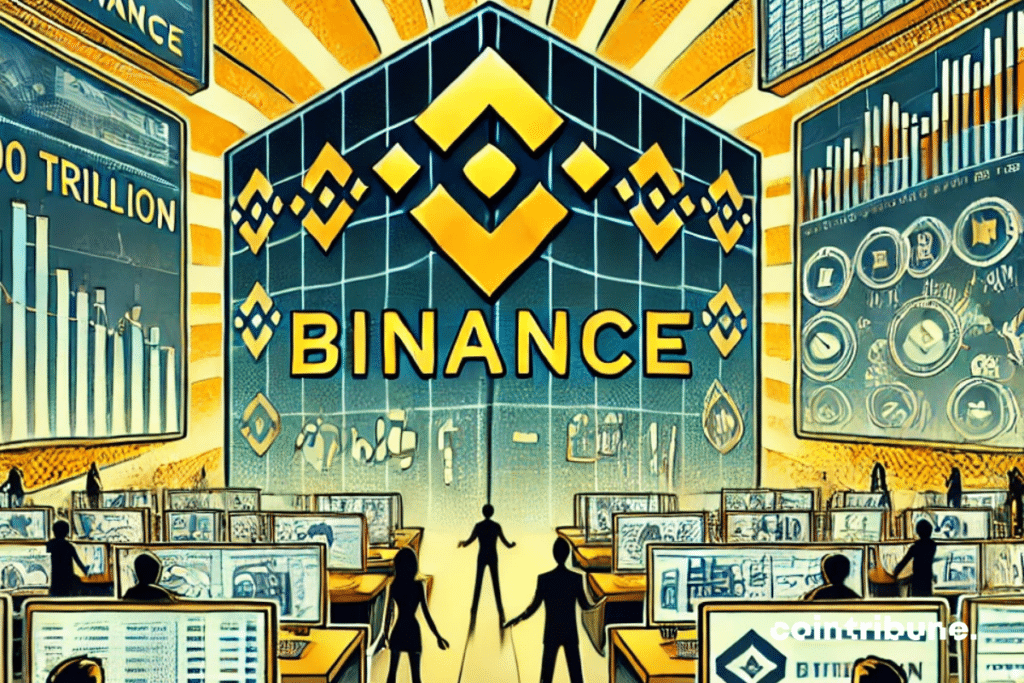 une plateforme de trading numérique monumentale, avec des écrans et des graphiques en pleine action, symbolisant l'immensité et l'importance de Binance. Des chiffres impressionnants comme "100 trillions" doivent être subtilement intégrés dans l'image, représentant la domination de Binance ainsi que le logo de Binance et des silhouettes. Ajoutez une ambiance de compétition intense entre des plateformes rivales en arrière-plan, tout en gardant Binance clairement en avant et en lumière, soulignant son statut de leader dans l'univers des cryptos.