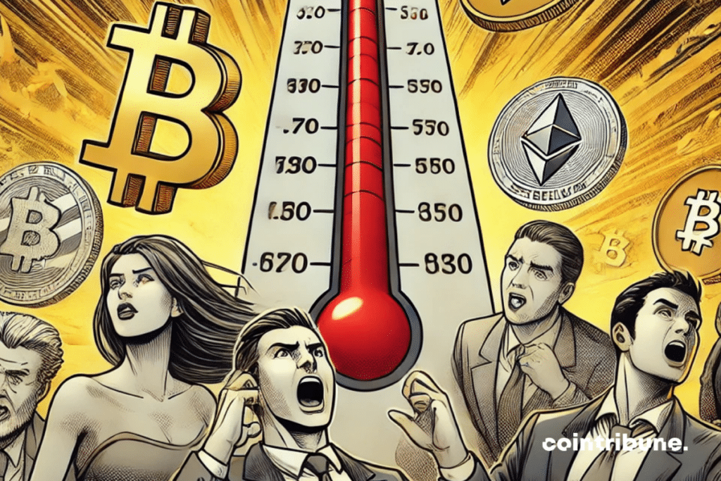 A booming crypto market. Iconic coins like Bitcoin and Ethereum are highlighted while the thermometer symbolizes "Fear and greed"rising dangerously towards the red zone in the background. The image shows investors with different expressions: some confident and euphoric, others worried and wary, illustrating the tension between optimism and the risk of a correction. The overall mood should reflect the prosperity of the market as well as the hidden threat with a subtle mix of bright and dark tones.