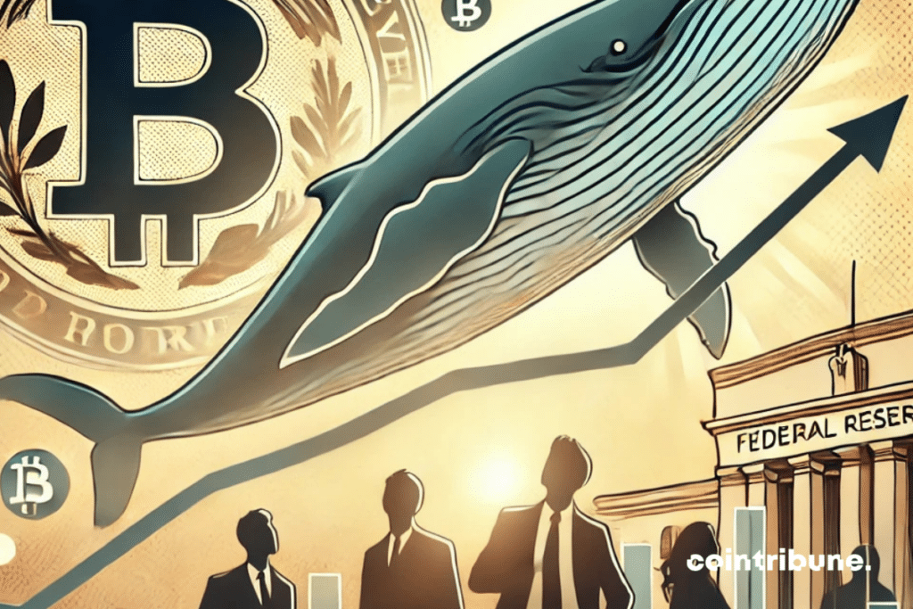 A financial chart showing the gradual rise in the price of Bitcoin with discrete Federal Reserve symbols and large whale silhouettes in the background. The image should convey the idea of ​​powerful economic forces working behind the scenes to propel cryptocurrency to new highs. All in a clean, professional style, with a soft light that evokes hope and empowerment.