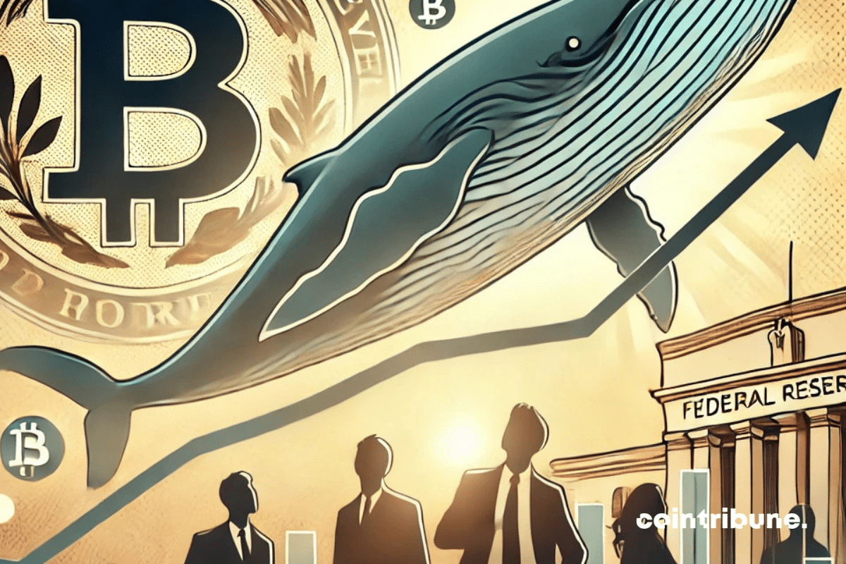 Un graphique financier montrant une montée progressive du prix du Bitcoin, avec en arrière-plan des symboles discrets de la Réserve Fédérale et de grandes silhouettes de baleines. L'image doit transmettre l'idée de forces économiques puissantes agissant en coulisse pour propulser la cryptomonnaie vers un sommet. Le tout dans un style épuré et professionnel, avec une lumière douce pour évoquer l'espoir et la montée en puissance.