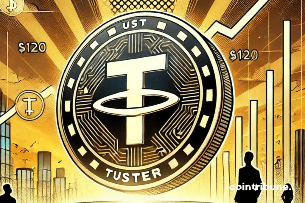 An image depicting a symbolic scene from the crypto market with the giant Tether digital coin labeled 'USDT' dominating the modern financial landscape. In the background are graphs of rising prices that illustrate the upward dynamics of the market. The 