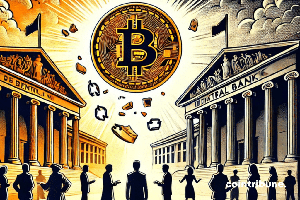 A clash between two worlds: on one side, the Bitcoin symbol, glowing and radiant, hovering above the stage, symbolizing innovation and decentralization; on the other, the imposing buildings of central banks like the Fed, dark and austere, symbolizing traditional finance and governments. Among them is a zone of tension with partially broken chains around Bitcoin, illustrating the desire of governments to limit or chain it. The image should reflect the subtle struggle between innovation and economic control.