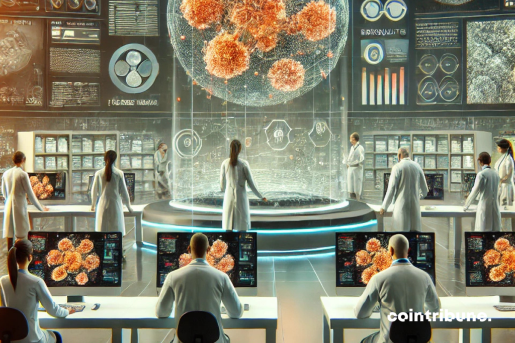 A modern laboratory with a futuristic feel, showing researchers in white coats working with computers and screens displaying images of cancer cells using AI and CHIEF. In the center is a screen highlighting a colorful and complex visualization of an artificial intelligence model analyzing medical data with cancer diagnosis results. The image should convey an atmosphere of advanced technological innovation, with soft lighting and subtle visual elements suggesting major medical advances.