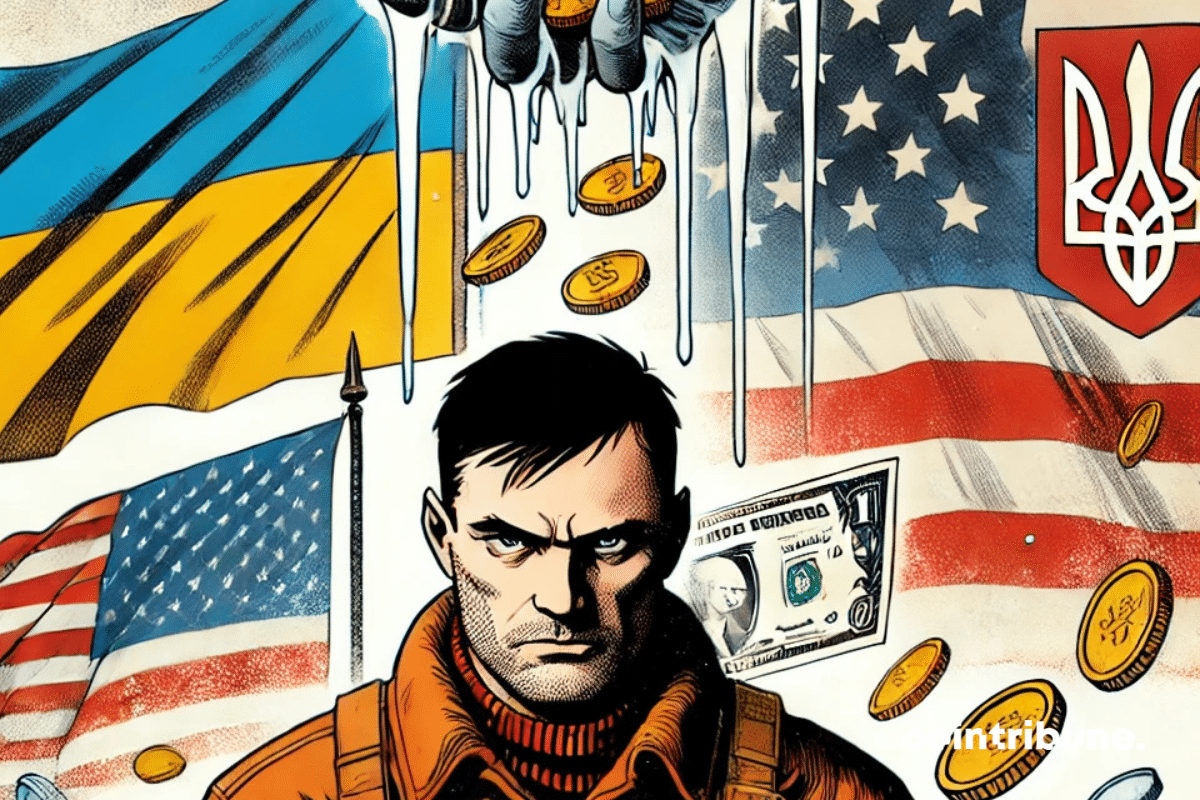 Elle met en scène un personnage ukrainien en face, avec des éléments symbolisant la tension économique et géopolitique entre les États-Unis et l'Ukraine.