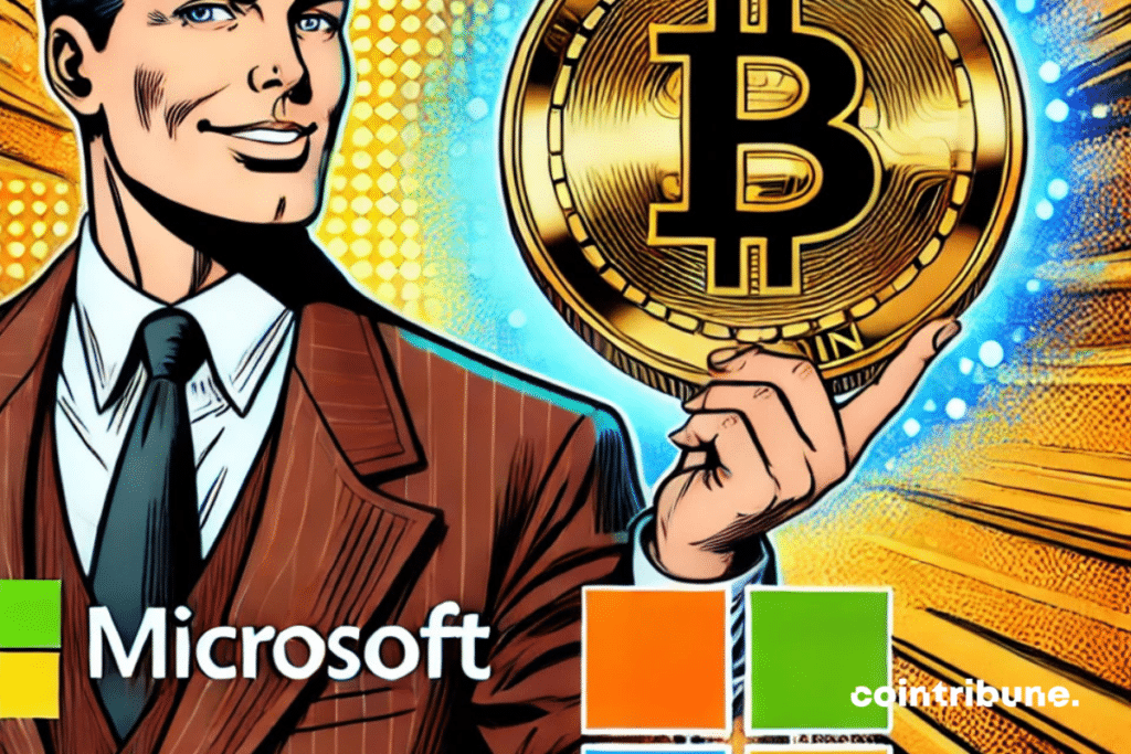 Un personnage générique en costume, ressemblant à un dirigeant d'entreprise, avec une expression confiante et un léger sourire. Il tient un gros Bitcoin brillant dans ses mains. Derrière lui, le logo de Microsoft est en train de fusionner visuellement avec la forme du Bitcoin, créant un effet lumineux et énergique. Cela symbolise la synergie entre la puissance institutionnelle et l'univers des cryptos.