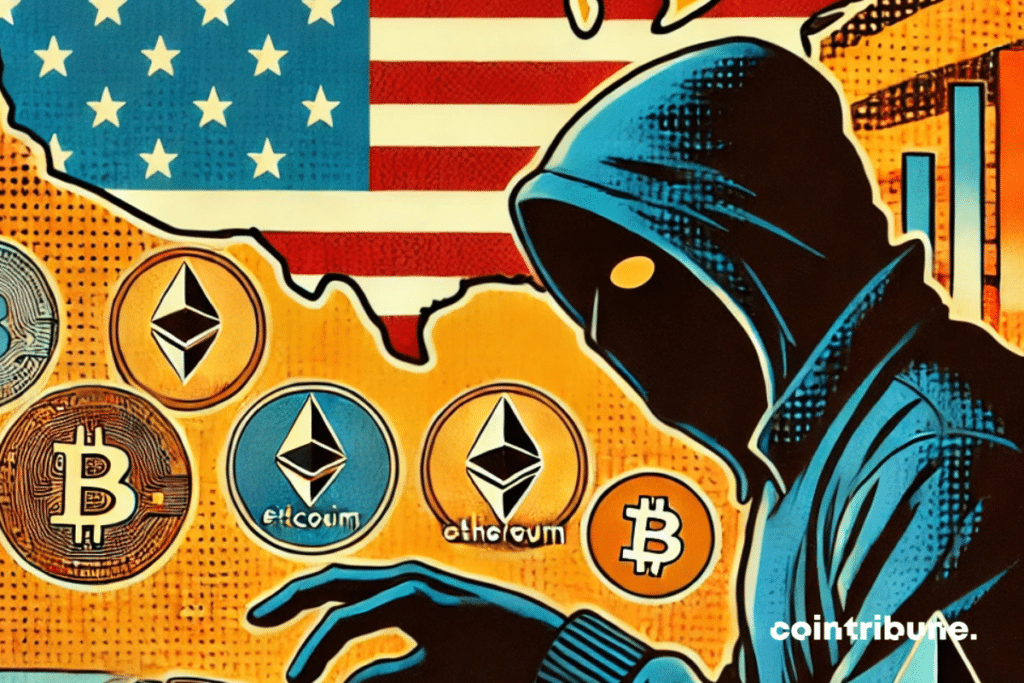 A mysterious hacker silhouette in the background, typing on a keyboard, with a map of the United States in the background. The map partially fades, while cryptocurrency symbols appear to be sucked into the void, symbolizing the disappearance of the  million in stolen crypto.