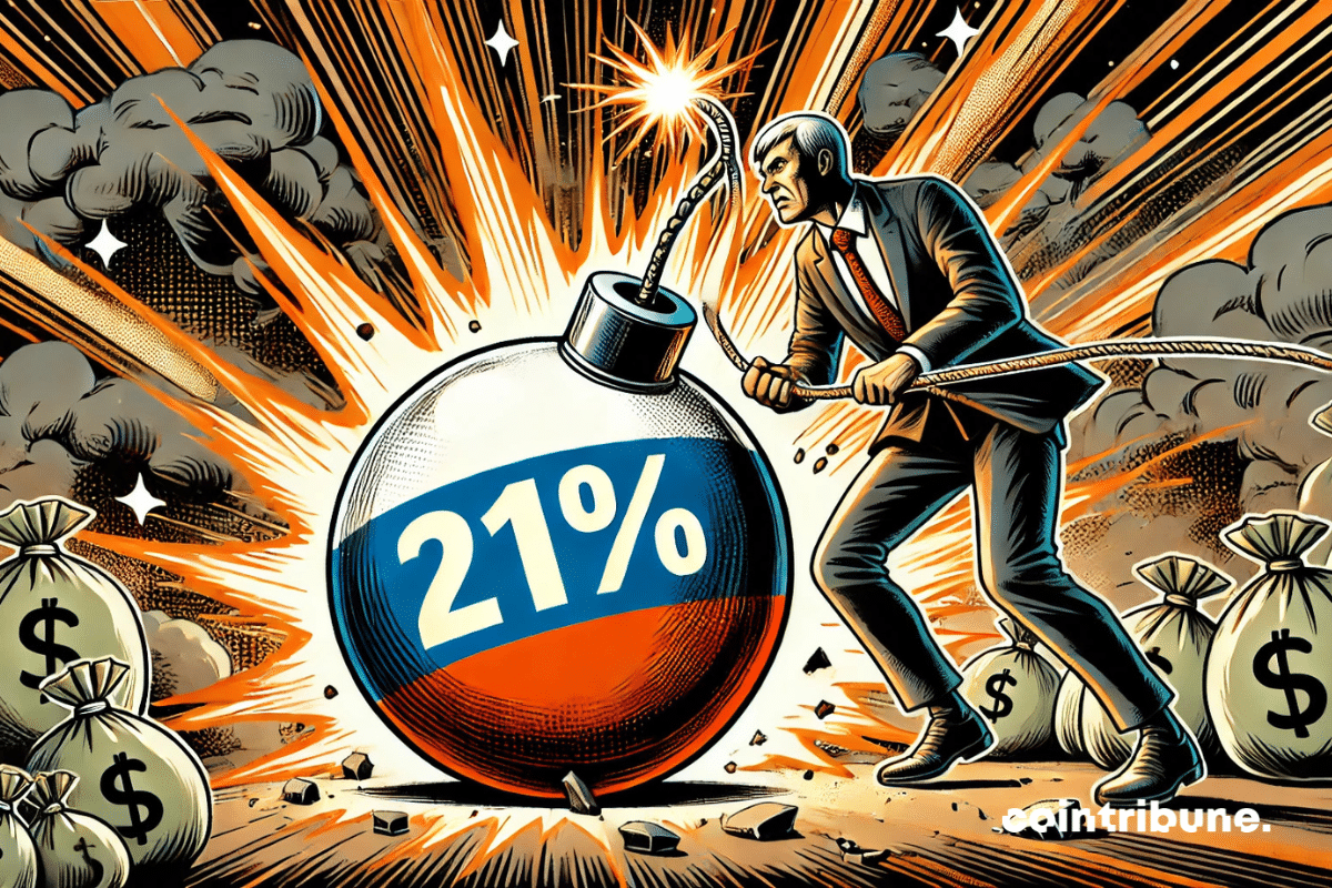 Une bombe géante avec le taux directeur "21%" écrit dessus est sur le point d'exploser, avec un personnage " la Russie " tentant de couper un fil, symbolisant l'urgence d'agir face à l'inflation.