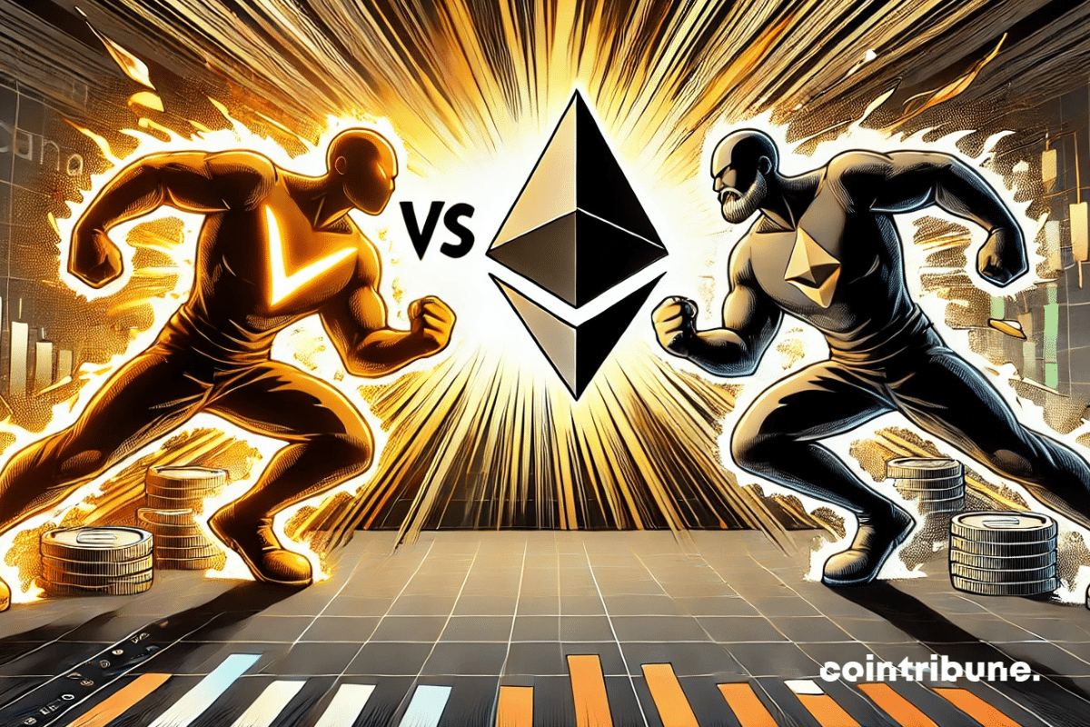 un duel symbolique entre Solana et Ethereum, avec Solana dominant visuellement grâce à des éclats d’orange et des graphiques financiers illustrant le marché crypto et la montée des frais.