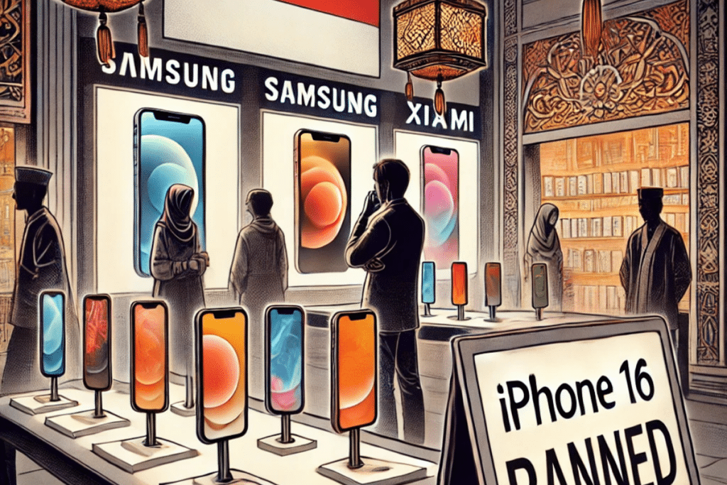 Un magasin technologique moderne en Indonésie avec le drapeau indonésien avec une affiche discrète indiquant « iPhone 16 interdit ». En arrière-plan, des smartphones concurrents (Samsung, Xiaomi) sont mis en avant dans des vitrines illuminées et des silhouettes humaines, tandis qu’un iPhone 16 est légèrement en retrait, sous une lumière tamisée, symbolisant son absence forcée du marché. L'atmosphère doit être tendue mais subtile, avec des éléments culturels indonésiens discrets comme des motifs traditionnels ou une architecture locale en arrière-plan.