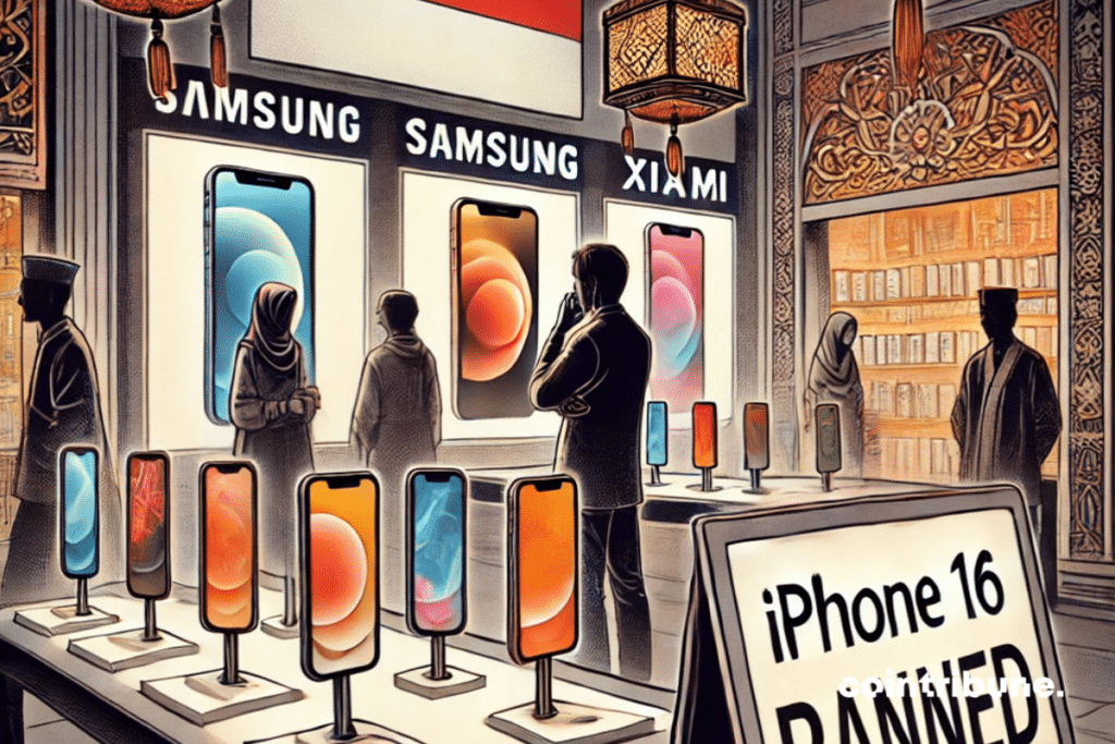 Un magasin technologique moderne en Indonésie avec le drapeau indonésien avec une affiche discrète indiquant « iPhone 16 interdit ». En arrière-plan, des smartphones concurrents (Samsung, Xiaomi) sont mis en avant dans des vitrines illuminées et des silhouettes humaines, tandis qu’un iPhone 16 est légèrement en retrait, sous une lumière tamisée, symbolisant son absence forcée du marché. L'atmosphère doit être tendue mais subtile, avec des éléments culturels indonésiens discrets comme des motifs traditionnels ou une architecture locale en arrière-plan.