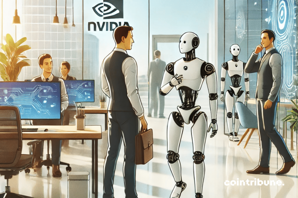 L'annonce des robots humanoïdes par Nvidia. Elle montre un environnement professionnel et technologique qui symbolise l'intégration harmonieuse de l'intelligence artificielle dans la vie quotidienne.