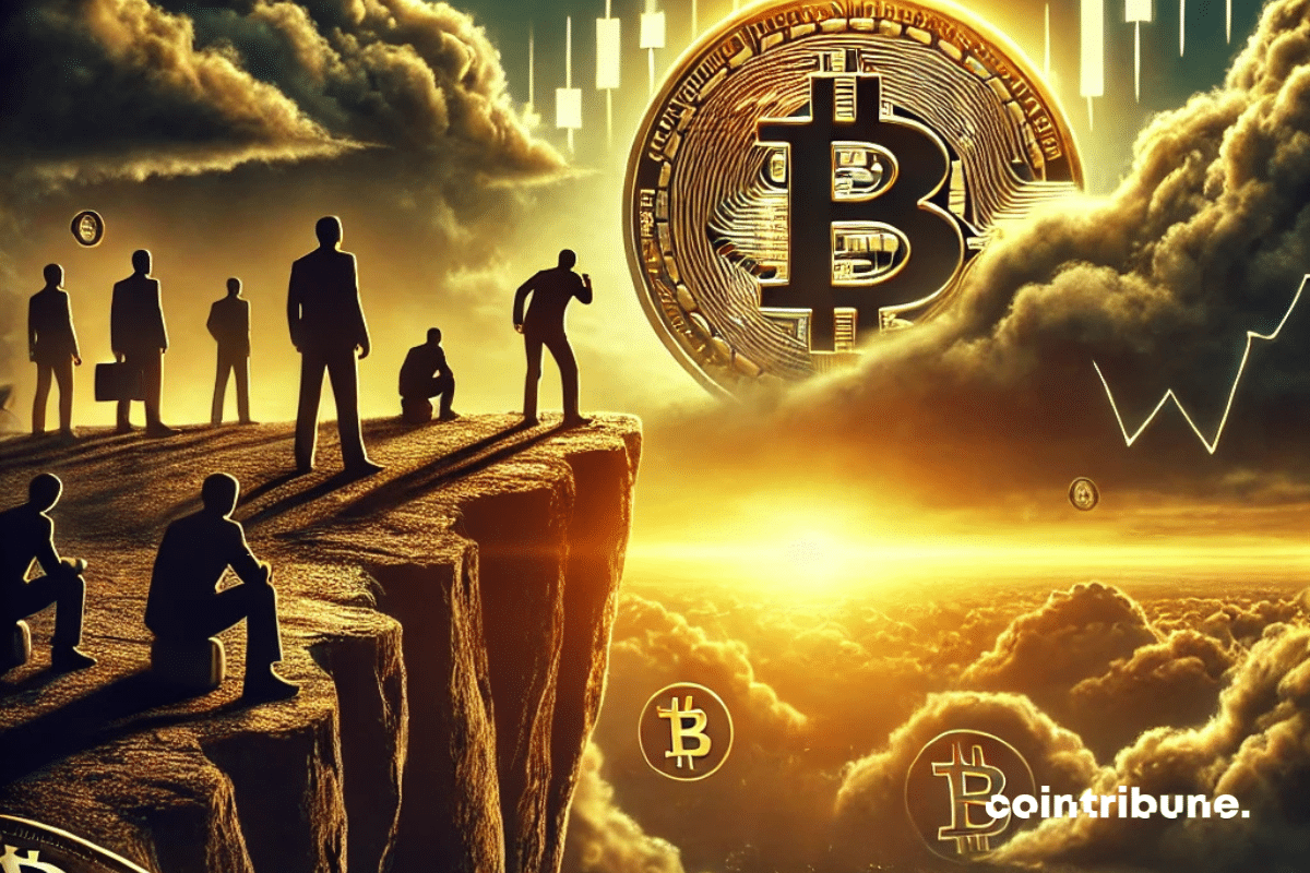 L'atmosphère tendue autour du Bitcoin en représentant une pièce de Bitcoin proche d'un précipice, sous un ciel orageux avec des silhouettes humaines. Les graphiques de fluctuation ajoutent une touche intrigante et incertaine, idéale pour souligner les tensions du marché et le climat d’extrême cupidité.