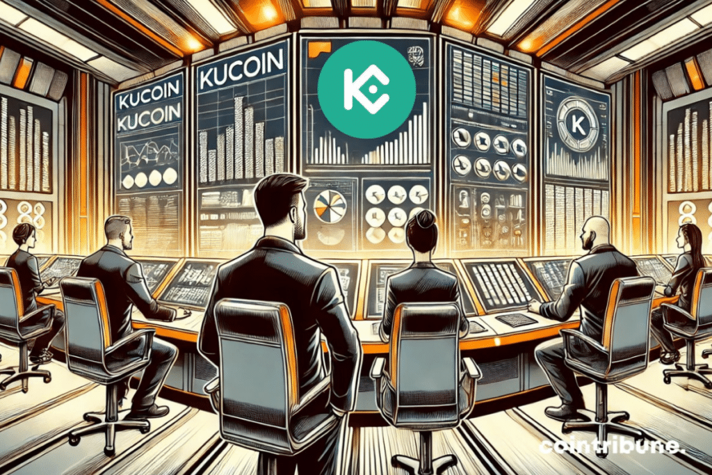 des analystes assis dans un bureau et analysant les cours du KuCoin Token sur des écrans