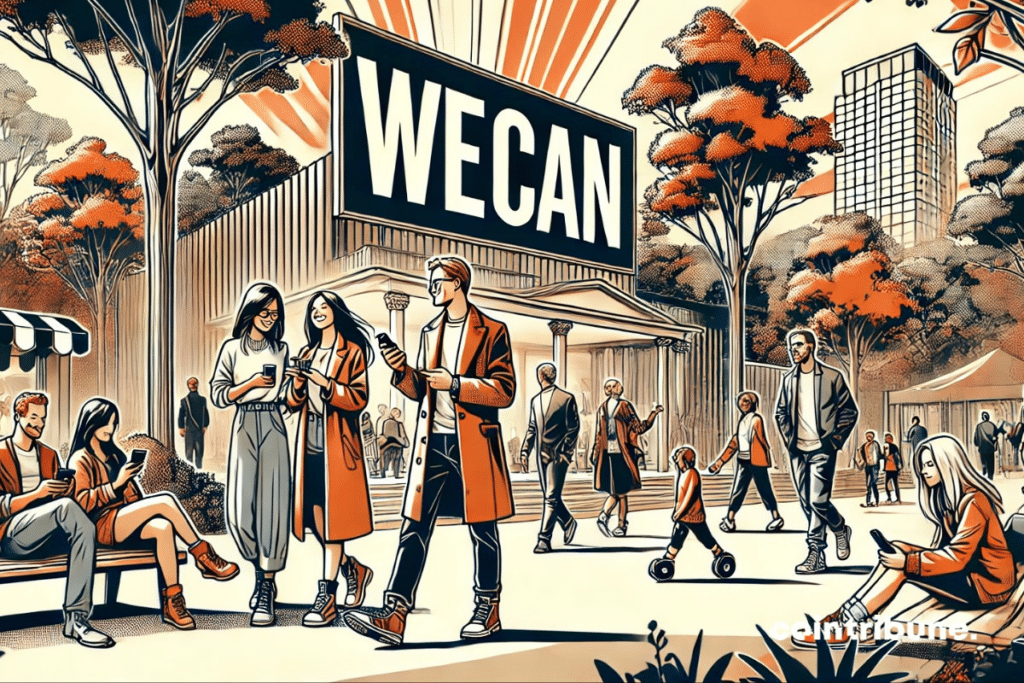 Des gens en costume qui discutent en marchant devant une boutique où "se vend du token wecan"