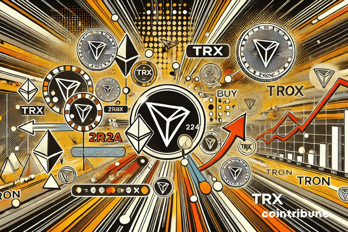 image en style bande dessinée, illustrant le processus d'achat de Tron (TRX) en 2024. Avec des éléments futuristes et énergétiques, elle utilise les couleurs orange, noir et blanc