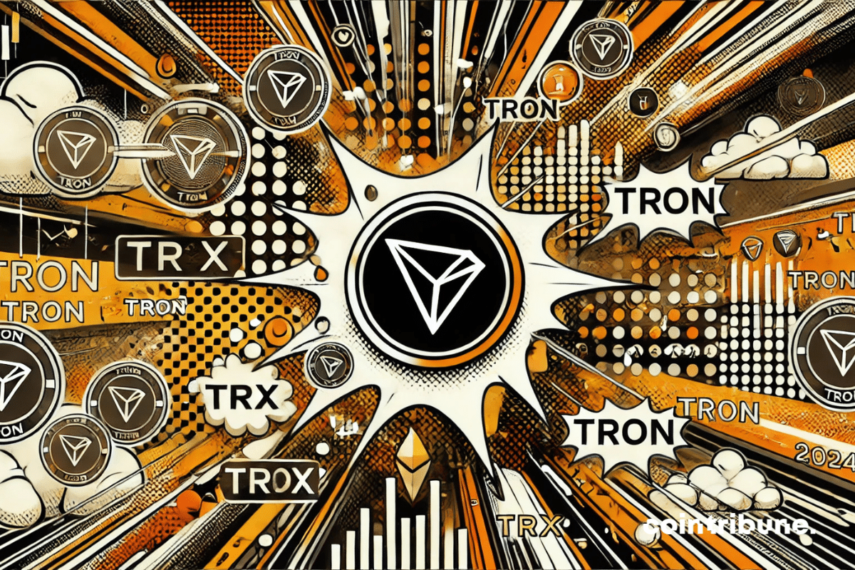 image dans un style bande dessinée, représentant l'achat de Tron (TRX) en 2024. Avec une palette de couleurs orange, noir et blanc, elle met en avant des éléments numériques et abstraits