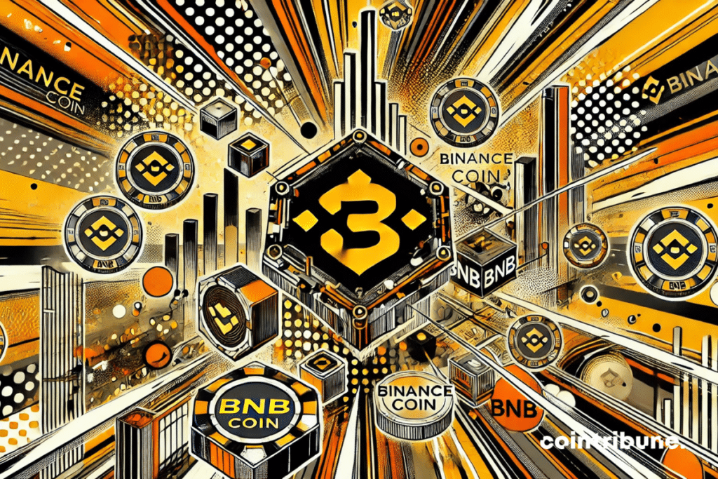 image dans le style bande dessinée pour illustrer le Binance Coin (BNB). Cette version met l'accent sur des éléments technologiques et futuristes, avec des effets dynamiques, dans les tons orange, noir et blanc