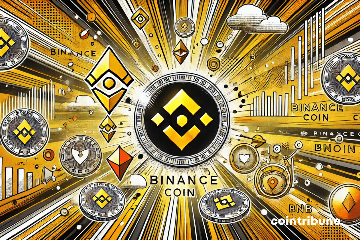 image dans un style bande dessinée, centrée sur le Binance Coin (BNB), avec une palette de couleurs orange, noir et blanc