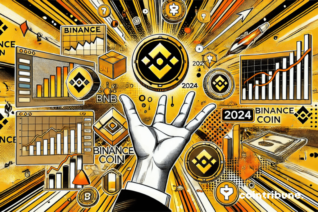 image en style bande dessinée, illustrant le processus d'achat de Binance Coin (BNB) en 2024. Avec une palette de couleurs orange, noir et blanc, elle présente des éléments numériques et financiers dynamiques