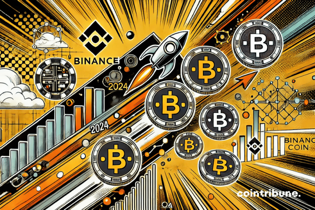  image dans un style bande dessinée, représentant le processus d'achat de Binance Coin (BNB) en 2024. Avec des éléments futuristes et une palette orange, noir et blanc