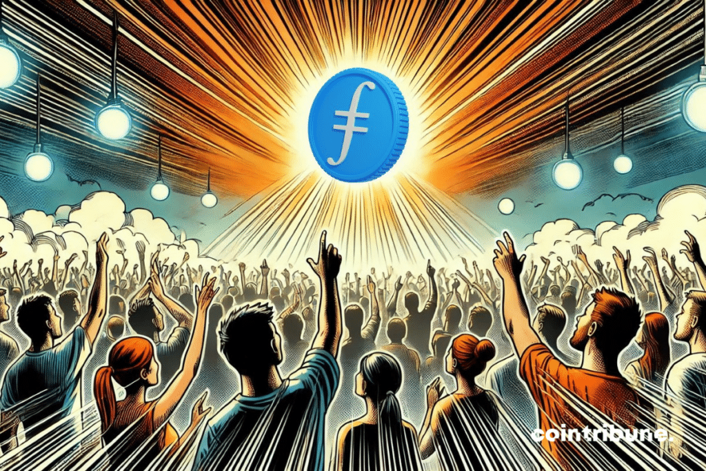 une foule de personne bras tendu vers le logo de Filecoin