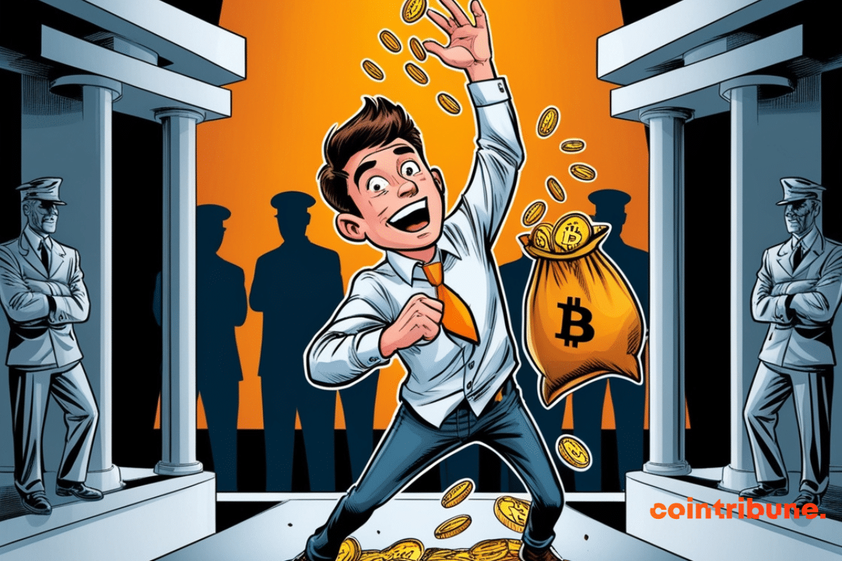 Illustration d'un trader de bitcoins novice jubilant