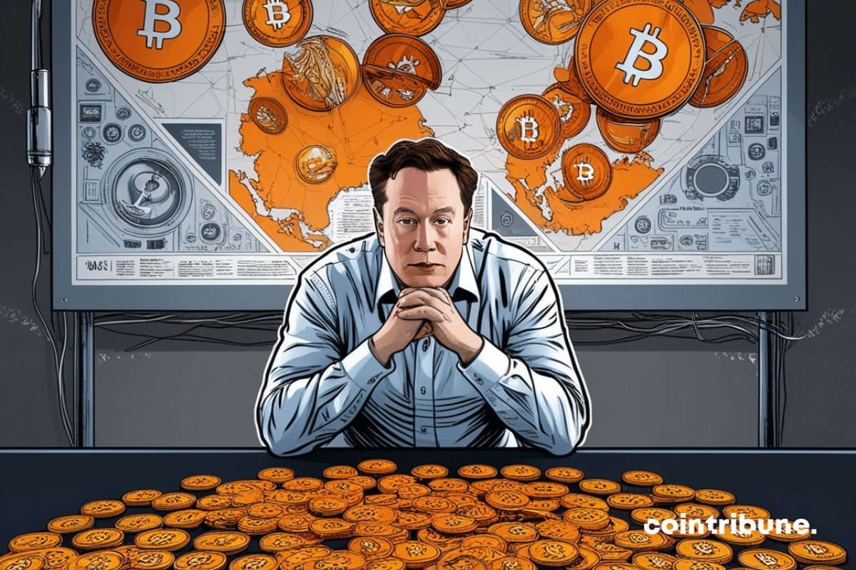 Elon Musk assis sur un bureau plein de pièces de bitcoin