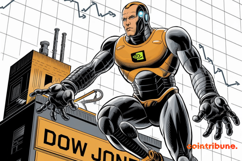 Robot humanoïde Nvidia et enseigne Dow Jones