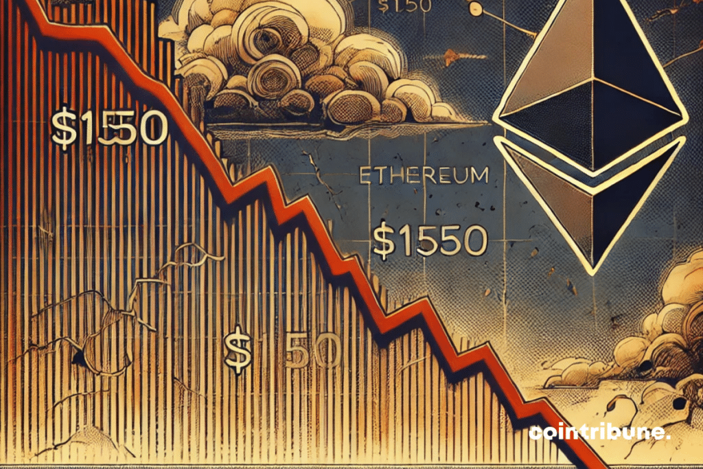 Un graphique de prix d'Ethereum descendant vers un seuil critique, représenté par un chiffre 