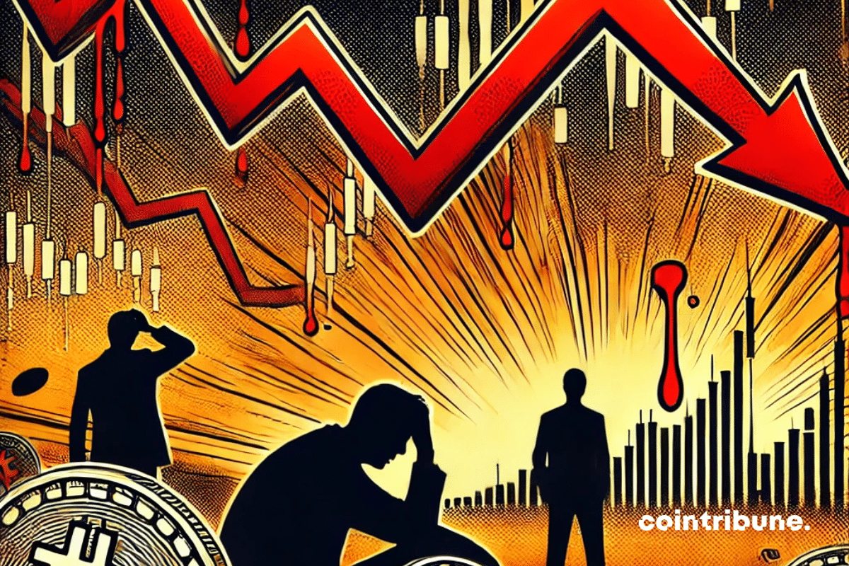 Un graphique symbolisant une forte baisse du Bitcoin : des lignes de tendance rouge vif descendant abruptement sous le niveau symbolique des 70 000 $, avec en arrière-plan une atmosphère sombre et inquiétante. Au premier plan, des pièces de BTC se dispersent comme si elles étaient abandonnées, évoquant un sentiment de panique et d’urgence parmi les investisseurs avec des silhouettes humaines. En arrière-plan, une bourse ou un écran de trading partiellement flouté pour ajouter de la profondeur et souligner l’ambiance tumultueuse du marché.