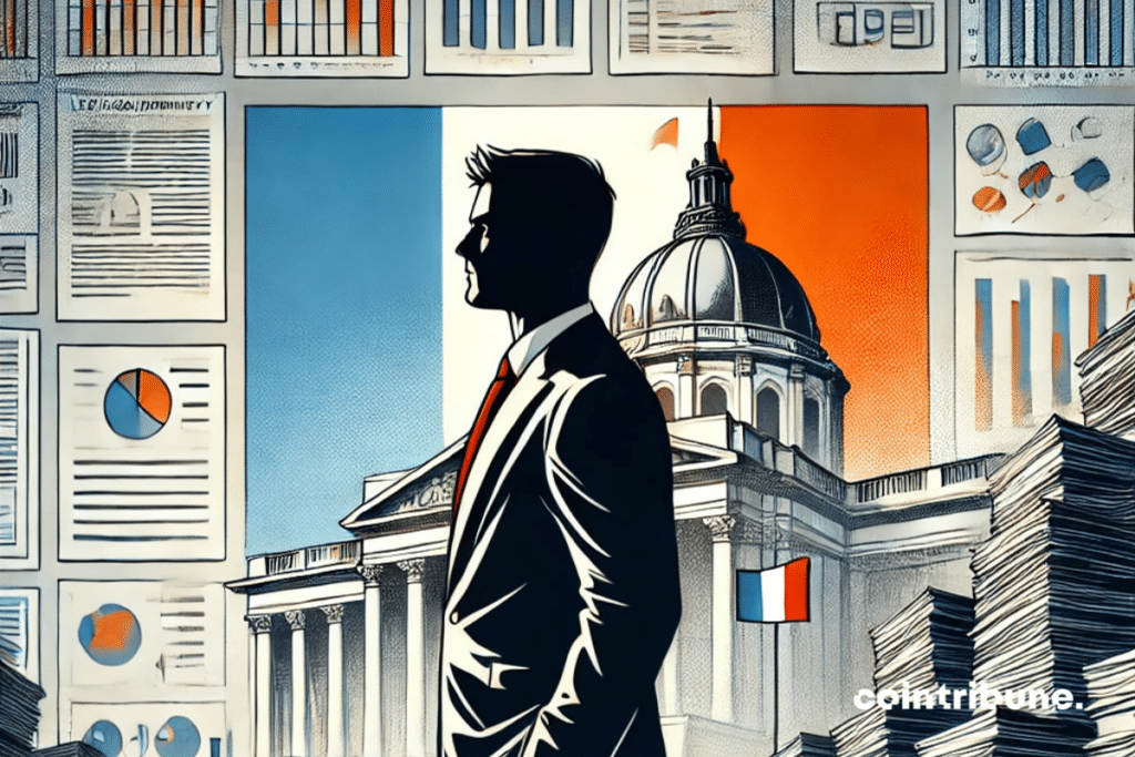 Un homme d'affaires ou un investisseur en France, de profil, debout face à un mur de documents financiers et graphiques imposants. Derrière lui, l'ombre d'une assemblée législative est visible avec le drapeau français, symbolisant la pression de la nouvelle loi fiscale relative à l'Innovation. Le décor est sobre, dans des teintes grises et bleues, avec une lumière douce qui éclaire les documents, suggérant la complexité et le poids de la fiscalité.