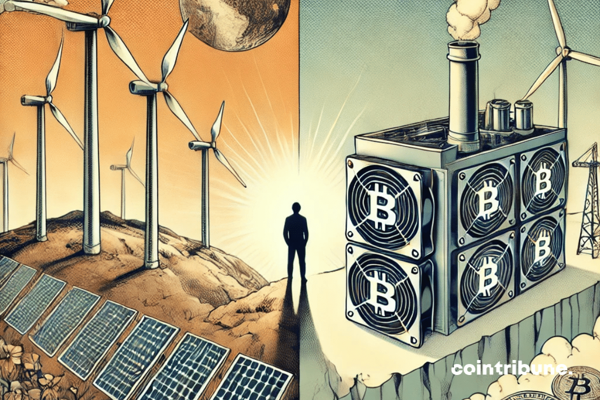 Un monde divisé entre écologie et technologie : d'un côté, des éoliennes et des panneaux solaires symbolisant l'énergie propre et l'engagement écologique ; de l'autre, une grande machine de minage de Bitcoin émettant une légère fumée pour évoquer son empreinte énergétique. Au centre, une silhouette humaine représentée hésitante, symbolisant le dilemme des régulateurs face aux interdictions de minage. L'image doit rester sobre et subtile, avec des teintes douces pour ne pas accentuer l’aspect « polluant » mais suggérer la complexité des enjeux environnementaux.