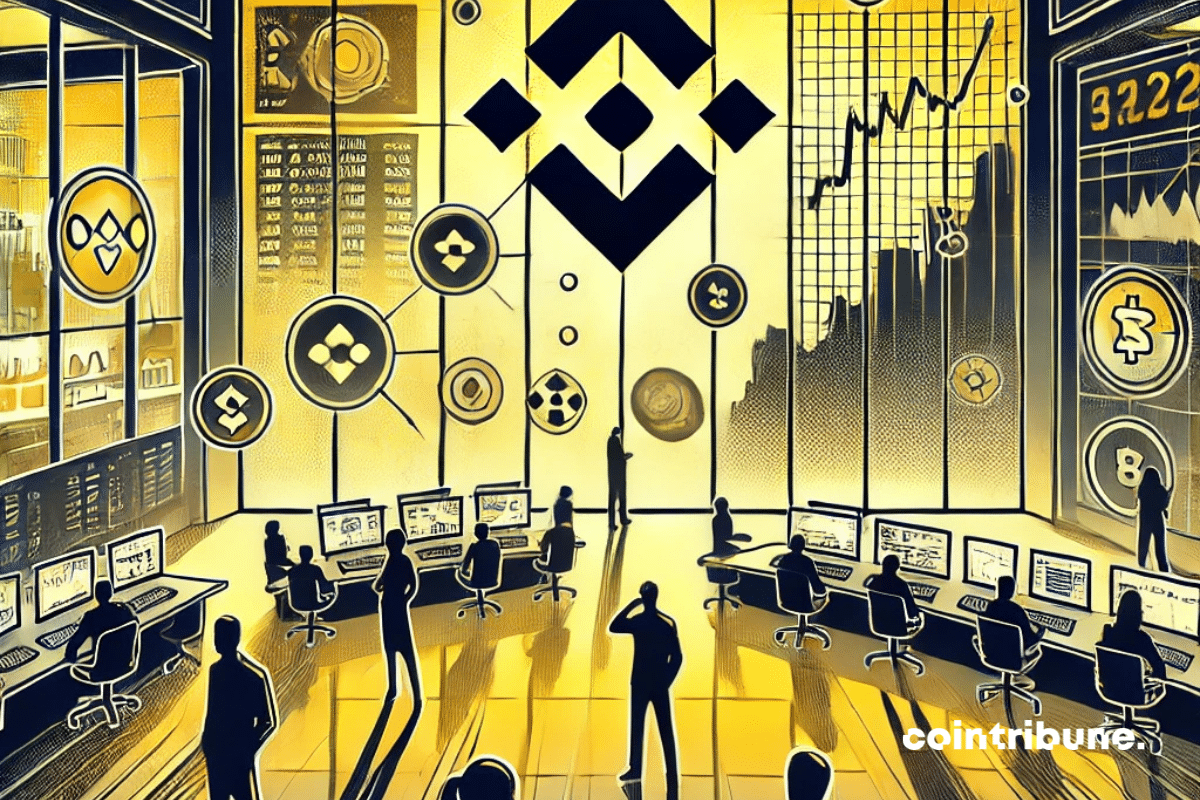 Imaginez une scène où l'on voit le logo de Binance subtilement intégré à un environnement symbolisant la finance (un bâtiment moderne, des écrans de trading de crypto ou des graphiques financiers). L’ambiance est tendue, avec des éléments visuels évoquant la controverse et le questionnement, comme des ombres ou des silhouettes qui semblent observer de loin, renforçant l'idée de surveillance et de pression. En arrière-plan, incluez des éléments évoquant des exchanges décentralisés (symboles d'innovation et de transparence) apparaissant comme une alternative distante. Cette image doit être subtile et suggestive, sans texte, et jouer sur les contrastes entre ombre et lumière pour évoquer le climat de méfiance et les enjeux de transparence.