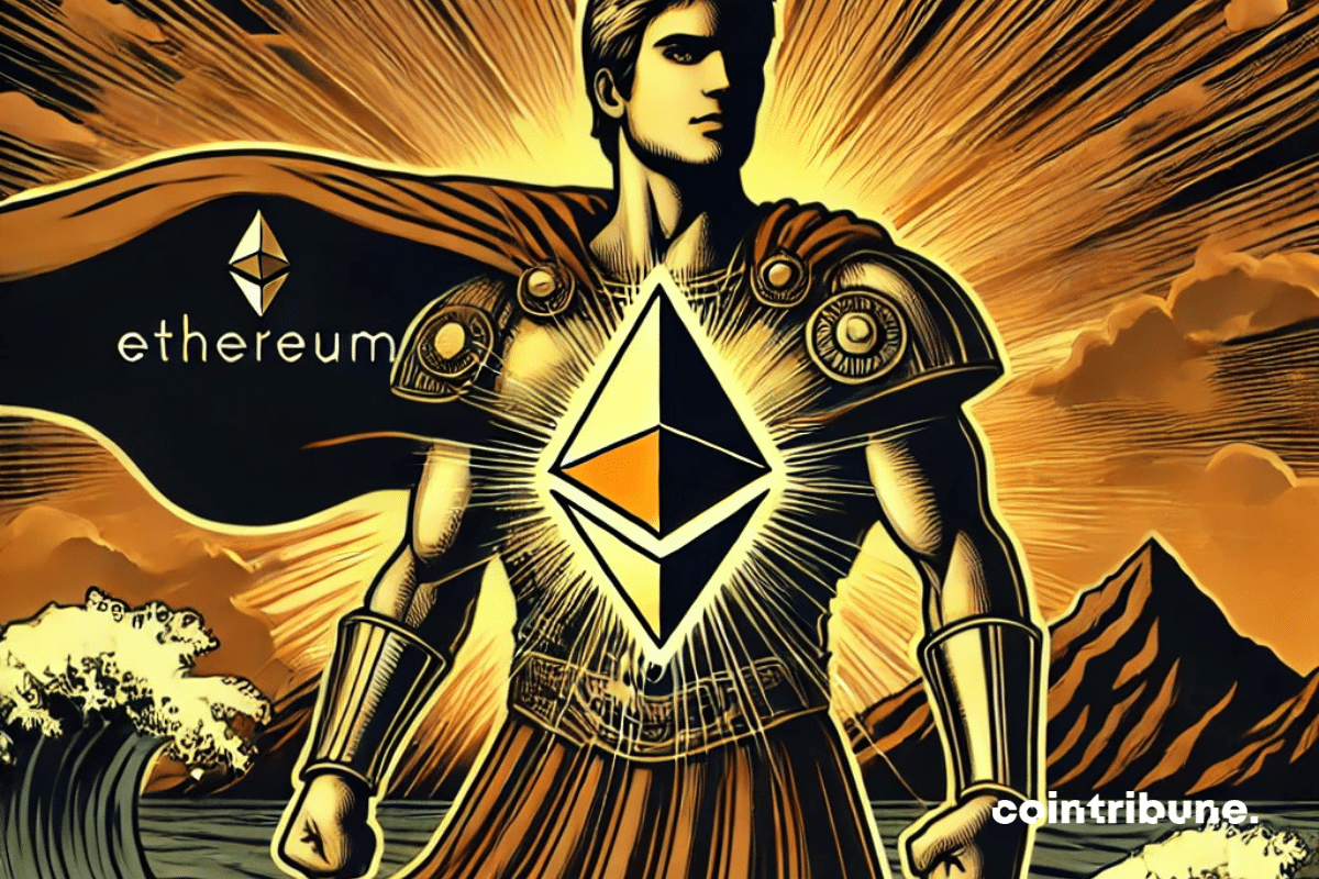 Le héros incarne Ethereum sous la forme d'une figure stoïque, portant un costume ou une armure stylisée avec le logo d'Ethereum en motif central, comme un symbole de puissance et de persévérance. dans l'univers crypto. Il fait face au spectateur, posture droite et imposante, une main tendue légèrement en avant comme s'il avançait.