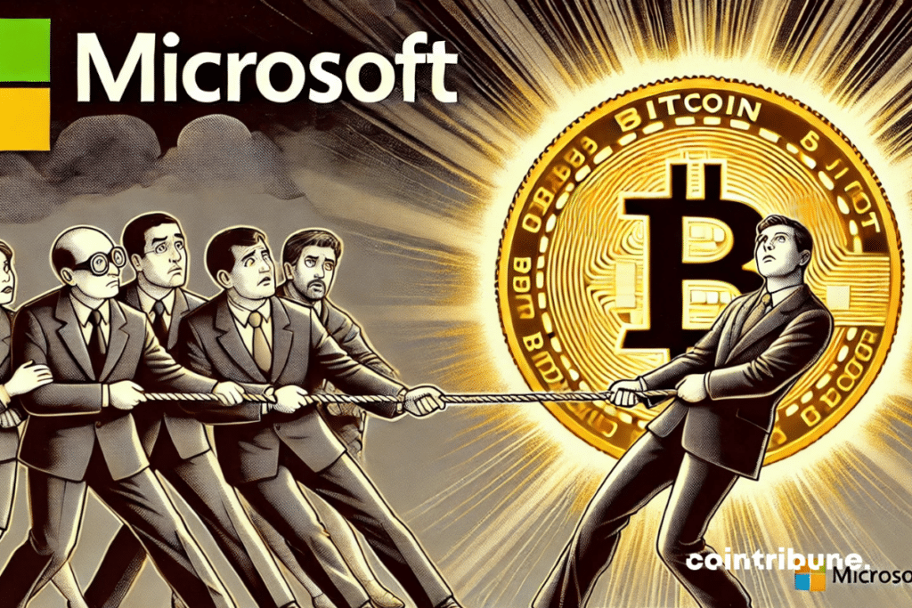 Un personnage de Microsoft tiré entre les actionnaires et le Bitcoin. La mise en scène capture l’intensité de cette dualité, avec une palette contrastée en noir, blanc et orange pour accentuer l'effet.