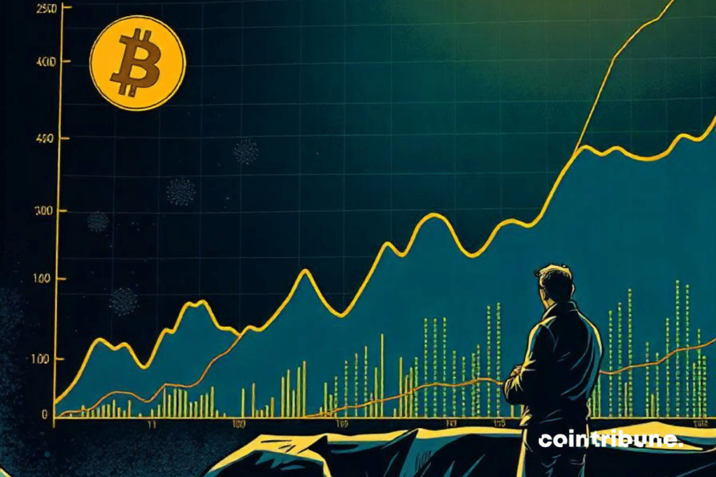 Un graphique dynamique avec cinq courbes distinctes représentant les indicateurs financiers du Bitcoin, sur un fond sombre symbolisant la volatilité des marchés avec un investisseur qui l’observe. La ligne principale du graphique montre le Bitcoin atteignant un sommet historique tout en restant en dessous d'une zone de valorisation optimale, suggérée par une autre courbe en pointillés. En arrière-plan, des motifs subtils de blockchain et de données chiffrées renforcent l’idée d’une analyse profonde. Des couleurs bleues et vertes sont dominantes, reflétant à la fois la stabilité et le potentiel de croissance future.