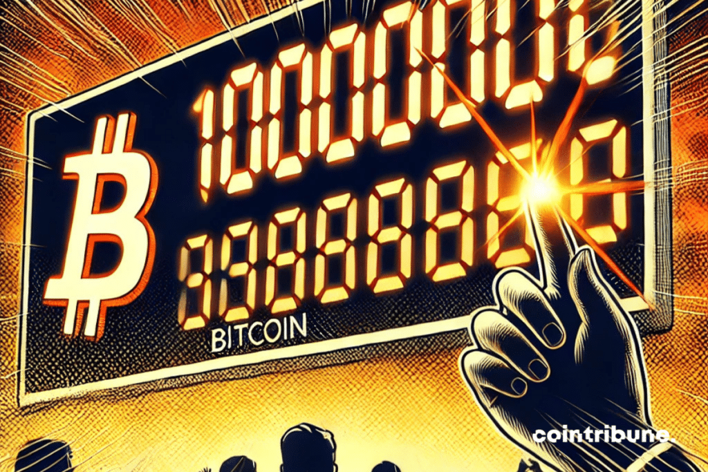 Le compteur de Bitcoin atteignant 100 000 $, avec un effet dramatique et vibrant.