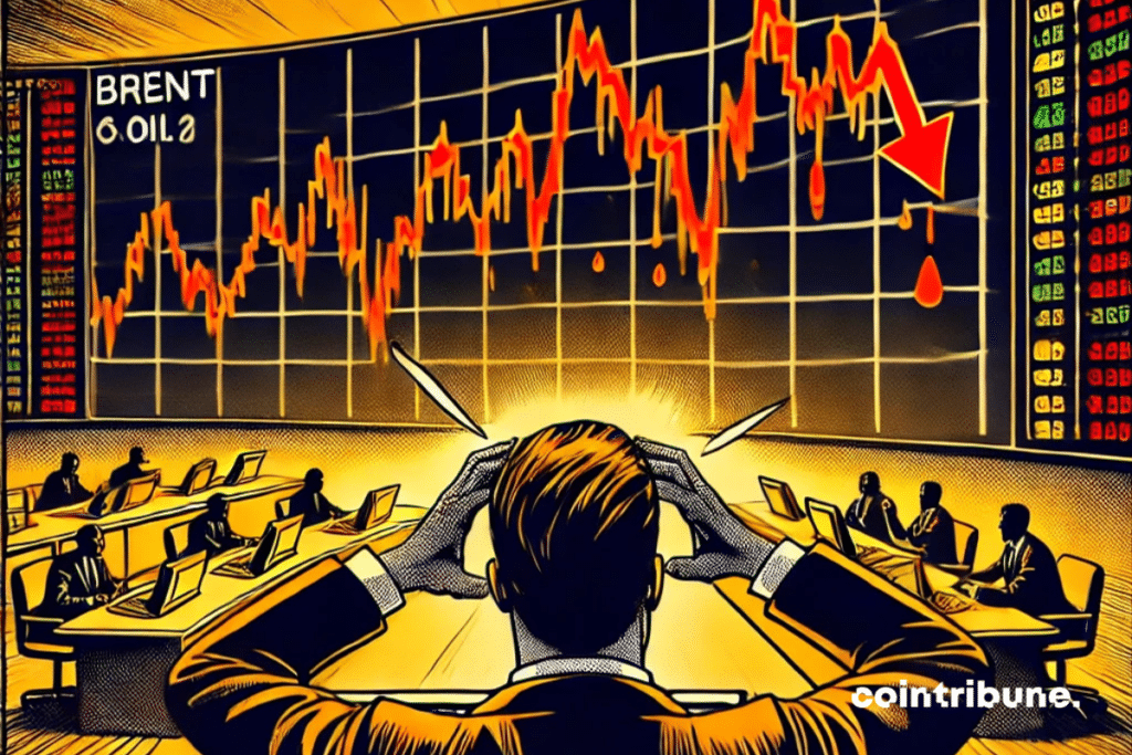 Plan large d’une salle de marché sombre, avec un investisseur en premier plan de dos, les mains sur la tête, montrant une réaction de panique sur les données liées à l'économie du pétrole. La composition donne une vue claire des écrans derrière lui, occupant environ les deux tiers supérieurs de l’image.