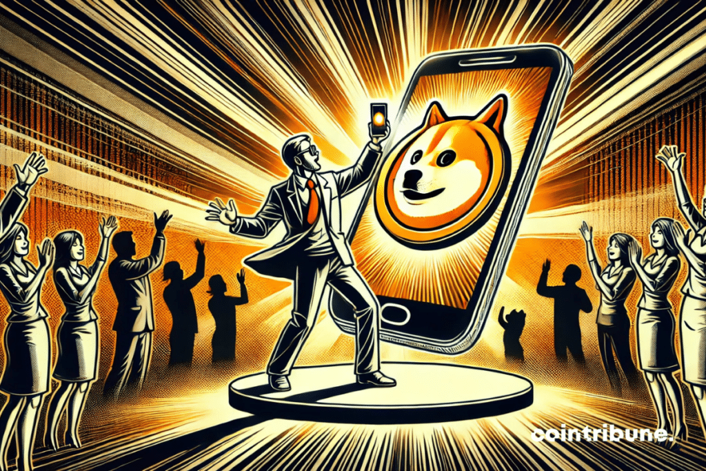 Un personnage représentant Musk avec un symbole Dogecoin en pleine effervescence depuis l'écran de son smartphone, capturant l'intensité et l'enthousiasme autour de la crypto.