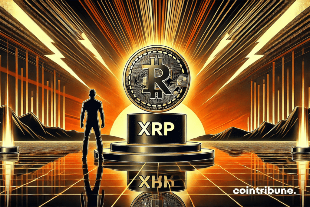 Un gros plan dynamique sur une pièce XRP géante, positionnée au sommet d’un podium noir, évoquant une victoire ou un triomphe. La pièce est en pleine lumière, brillant intensément dans un environnement sombre lié à l'univers crypto.