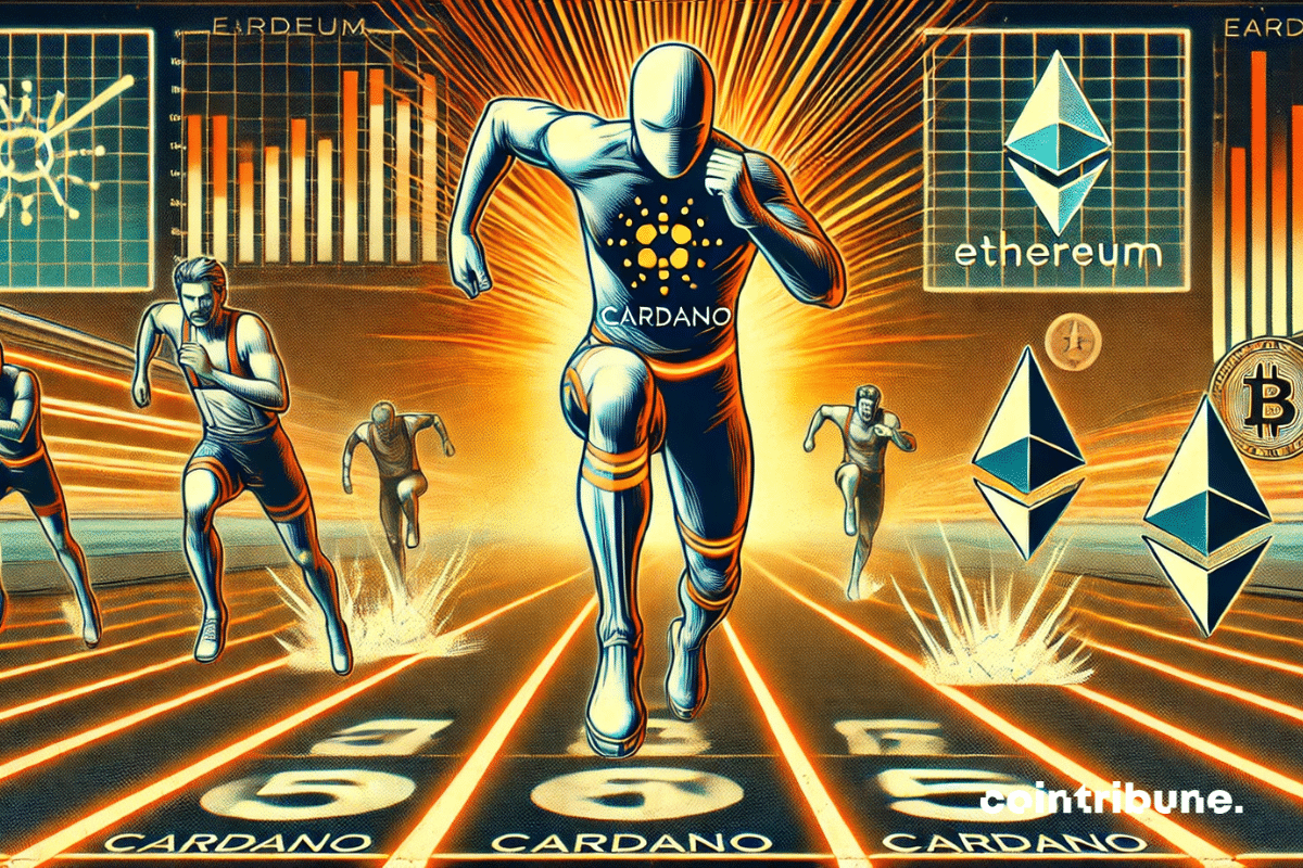 Une piste de course avec Ethereum et Solana à bout de souffle, tandis que Cardano franchit la ligne d’arrivée.