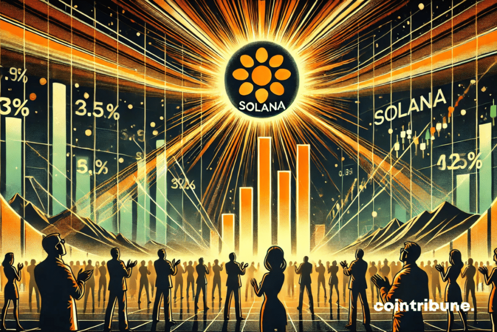 Une foule contemplant un immense logo de Solana illuminé dans le ciel, avec des graphiques financiers relatifs à la crypto en arrière-plan.