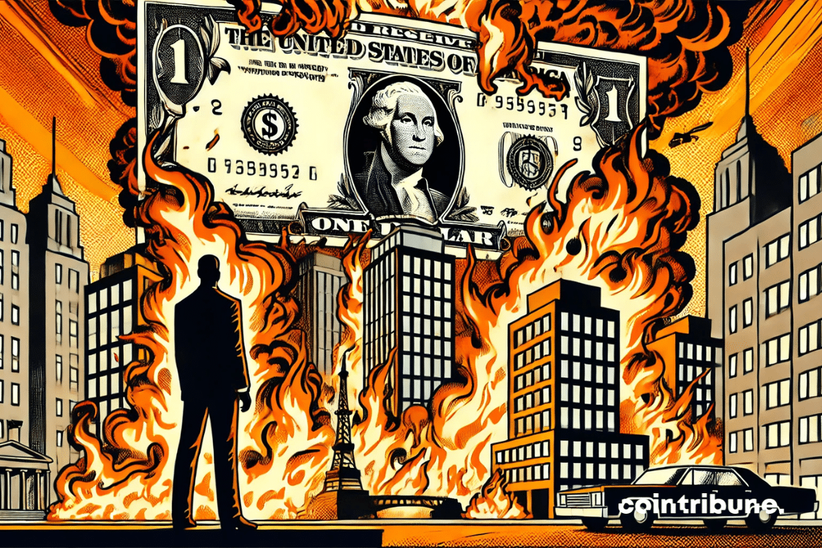 Un paysage urbain américain avec un gigantesque billet de banque en flammes, ce qui symbolise une économie instable. Une silhouette d’un personnage de la Banque centrale européenne observant la scène, comme un avertissement.