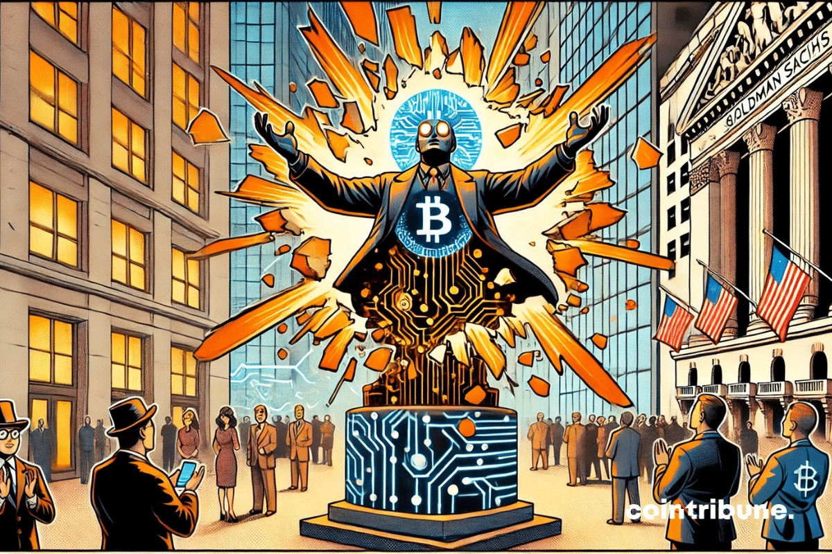 Une place publique futuriste où une statue traditionnelle de Goldman Sachs se fissure, révélant un noyau numérique lumineux. Un trader de l'univers crypto central exprime l'étonnement, entouré d'une foule mêlée de styles traditionnels et technologiques.