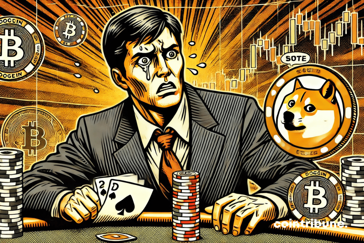 Crypto : le joueur de poker tendu tenant un jeton Dogecoin.