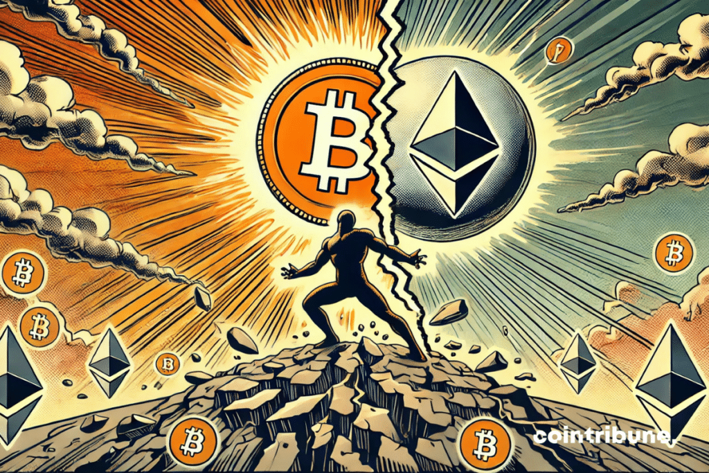 Une corde symbolique se brisant entre Bitcoin et Ethereum. Bitcoin s'élève avec dynamisme et éclat, tandis qu'Ethereum reste immobile et fissuré au sol. Le contraste visuel souligne leur divergence croissante.