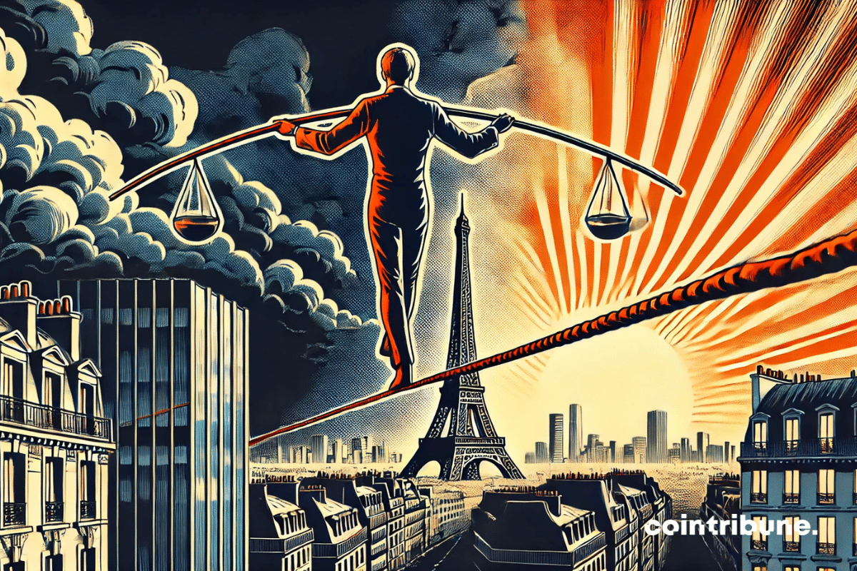 Un funambule incarnant l'économie française en équilibre sur une corde orange, avec la tour Eiffel et un ciel dramatique en arrière-plan.